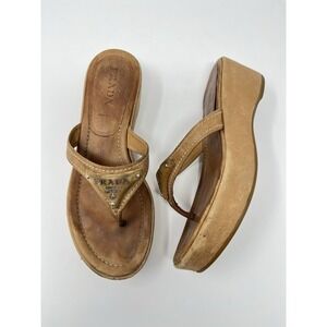 Vintage Prada 90s Y2K Brown Tan Triangle Logo Platform Wedge Thong Sandals 37 7